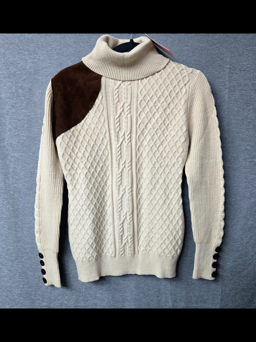 Novelle Fashion Cable Knit Turtleneck Sweater Suede Shoulder Patch Cream M NWT